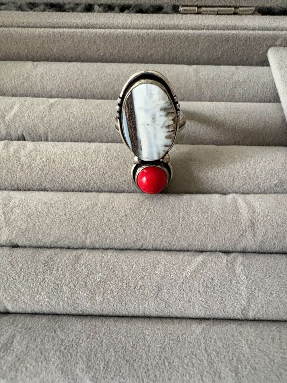 Silver Statement Ring with White Stone and Red Accent